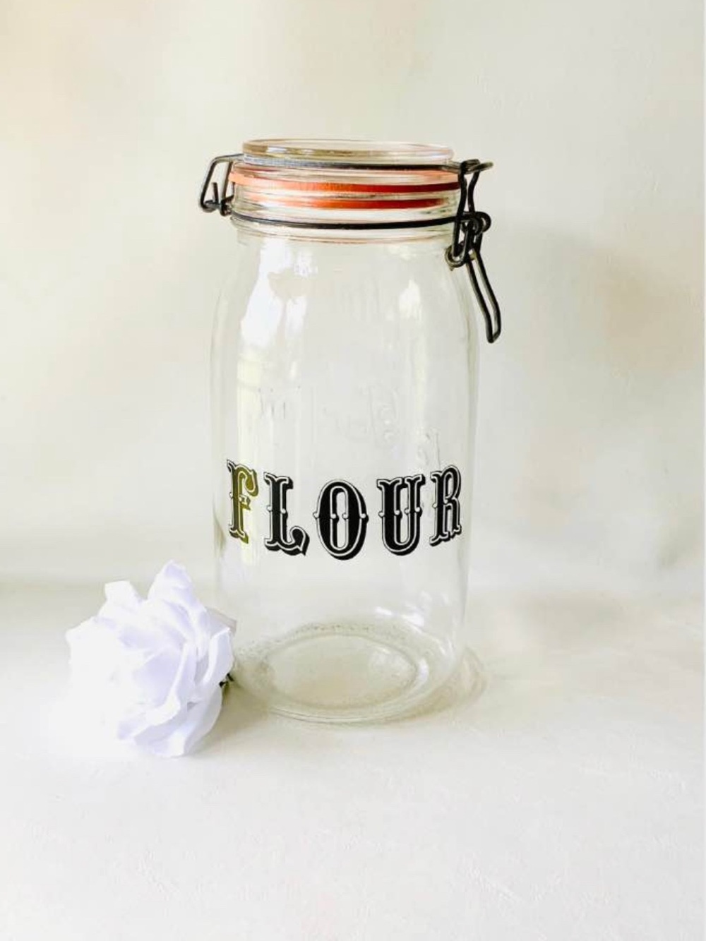 Glass Flour Storage Jar with Clamp Lid - Clear with Orange Accent
